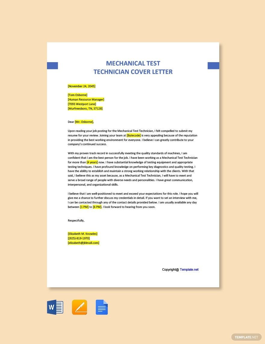 Mechanical Test Technician Cover Letter