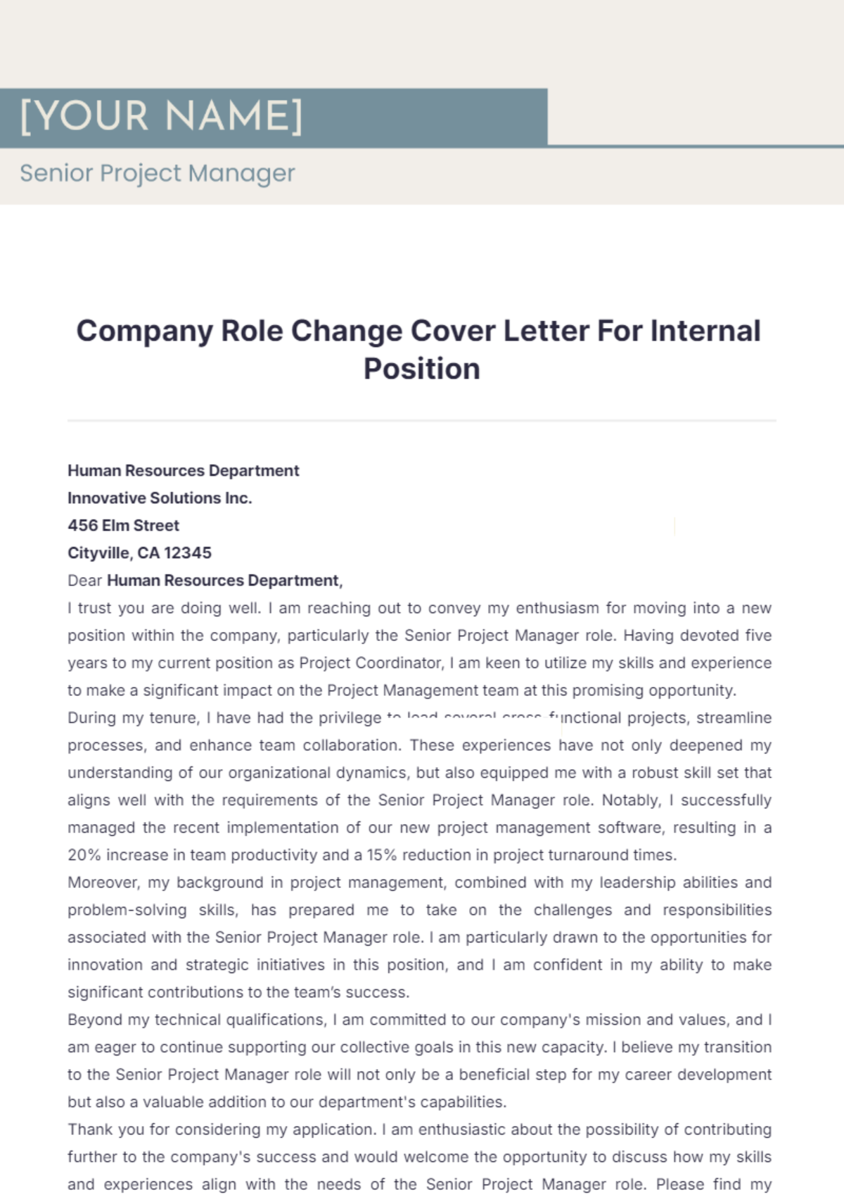 Company Role Change Cover Letter For Internal Position - Edit Online & Download