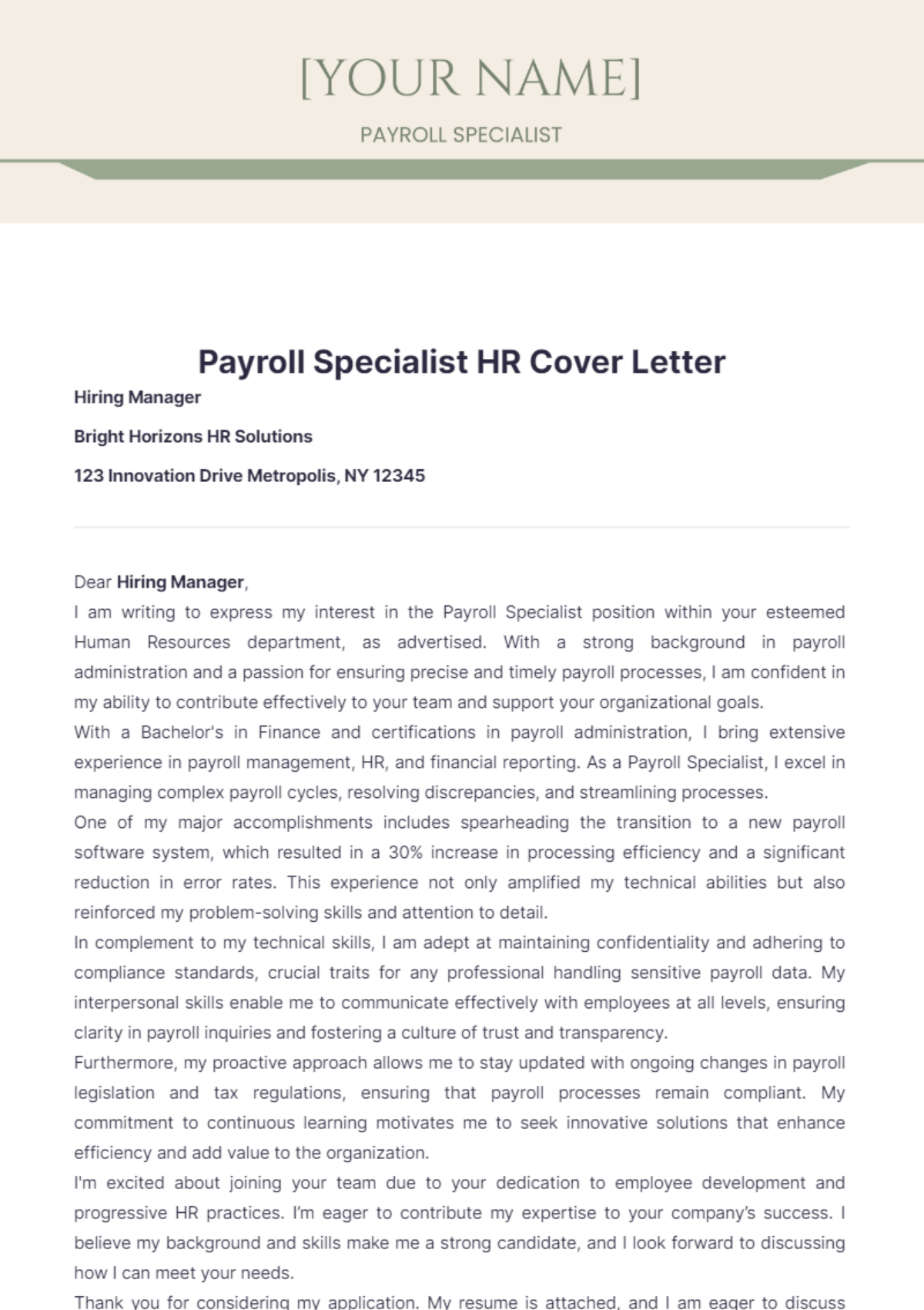 hr payroll cover letter