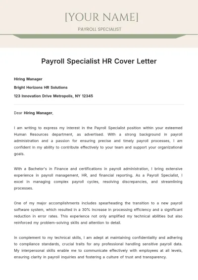 Free Payroll Specialist HR Cover Letter to Edit Online