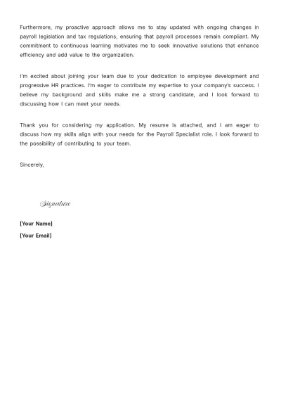 Free Payroll Specialist HR Cover Letter to Edit Online