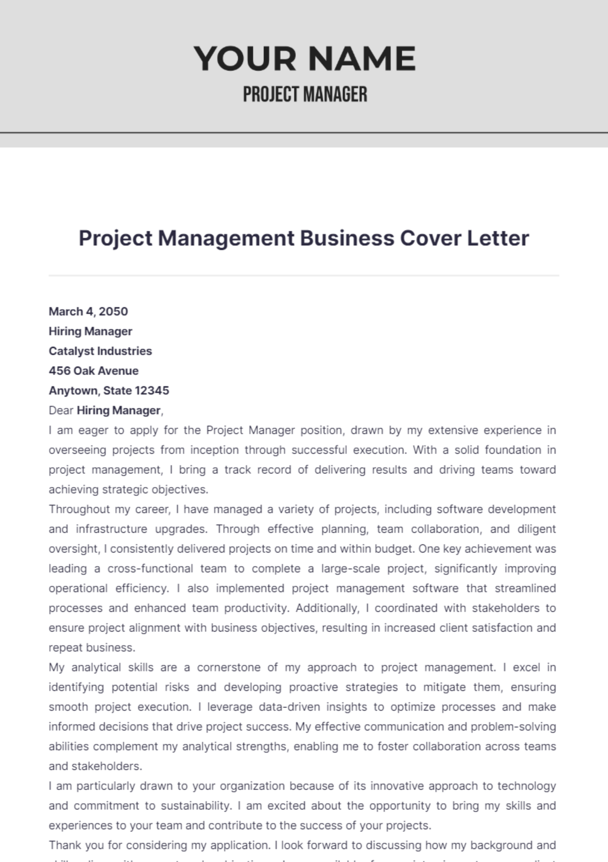 Project Management Business Cover Letter - Edit Online & Download