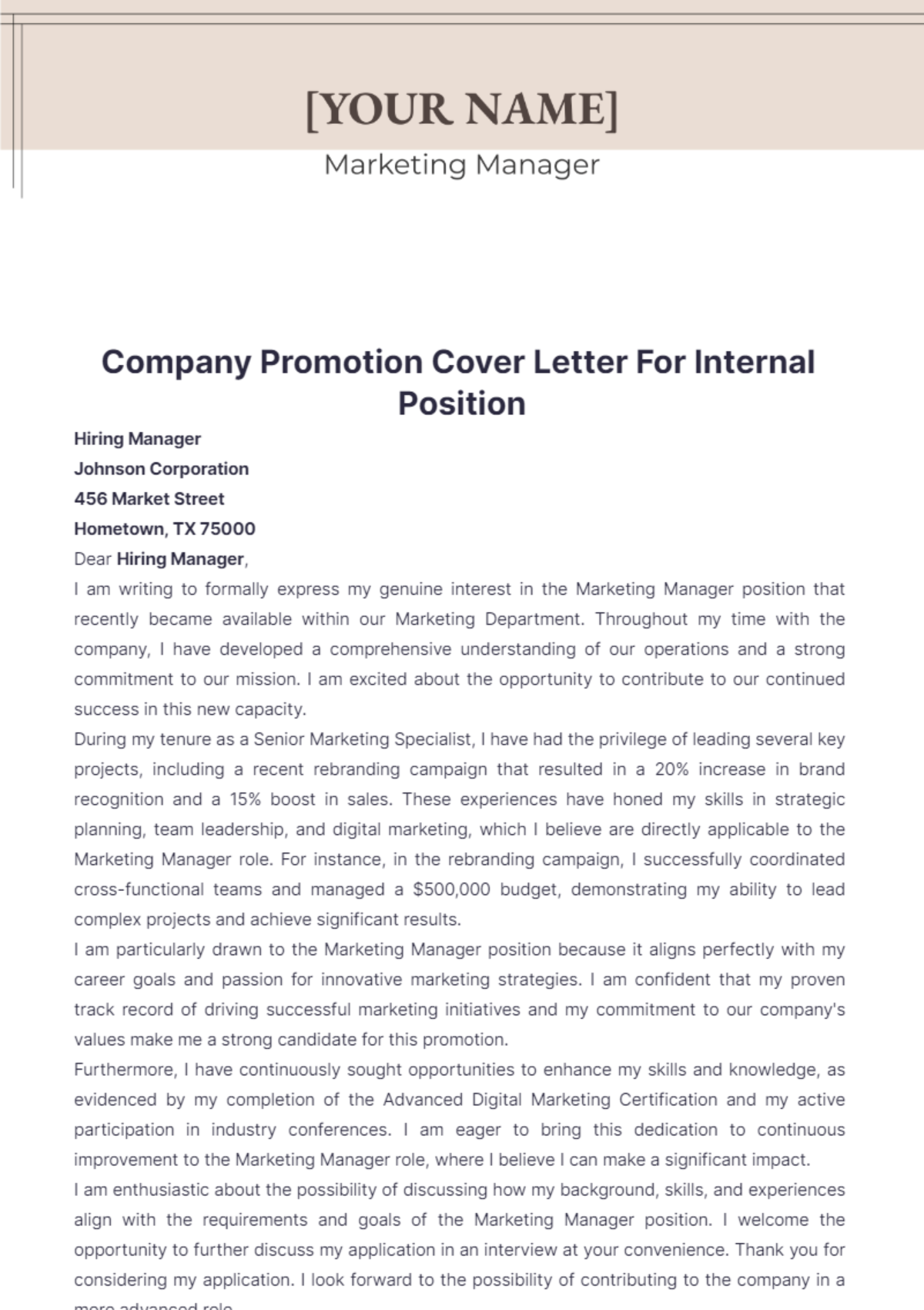 Company Promotion Cover Letter For Internal Position - Edit Online & Download