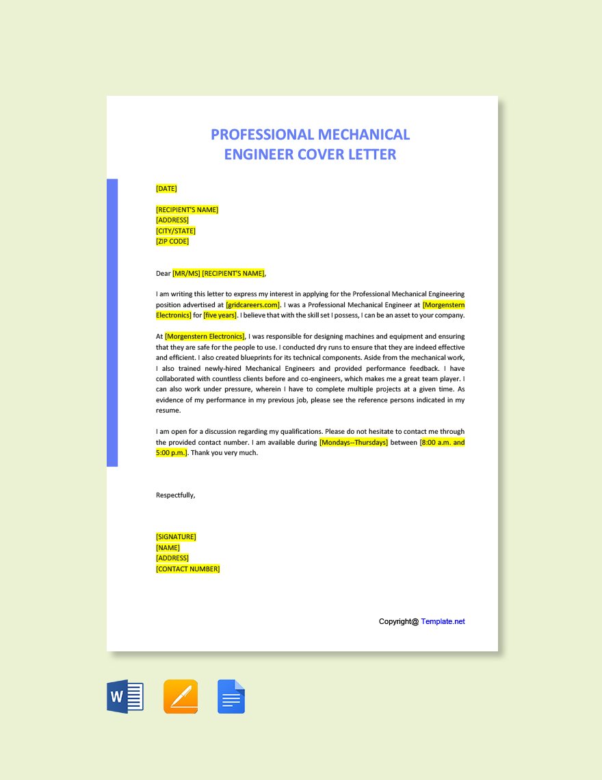 Professional Mechanical Engineer Cover Letter Template