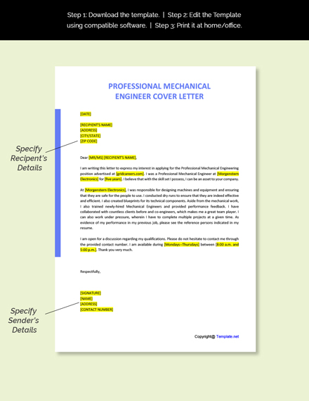 Professional Mechanical Engineer Cover Letter Template