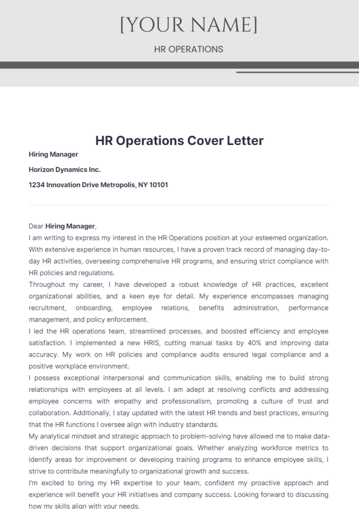 HR Operations Cover Letter