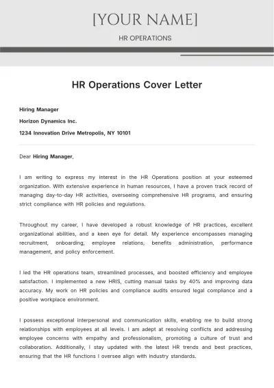 Free HR Operations Cover Letter to Edit Online