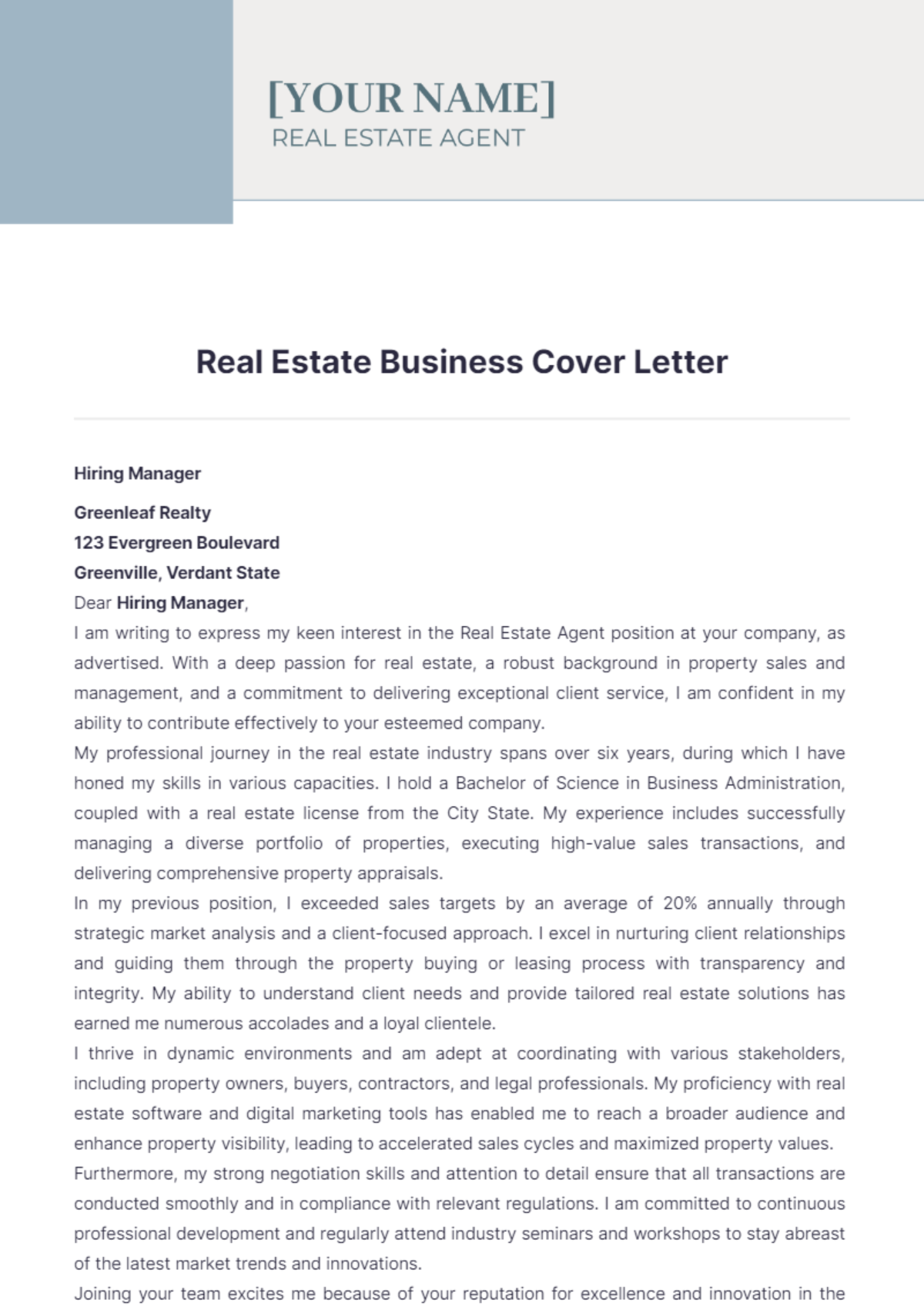 Real Estate Business Cover Letter - Edit Online & Download