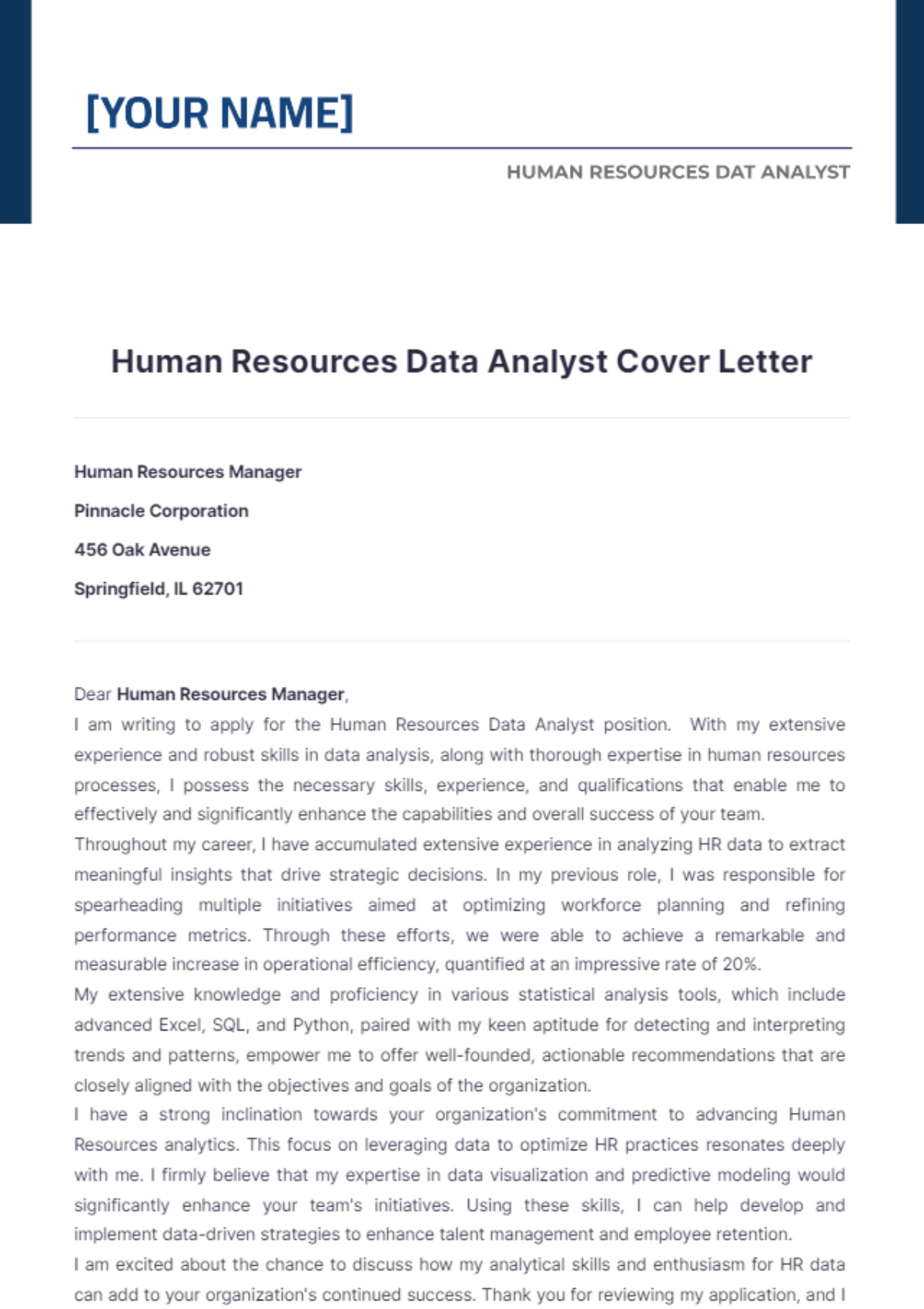 Human Resources Data Analyst Cover Letter