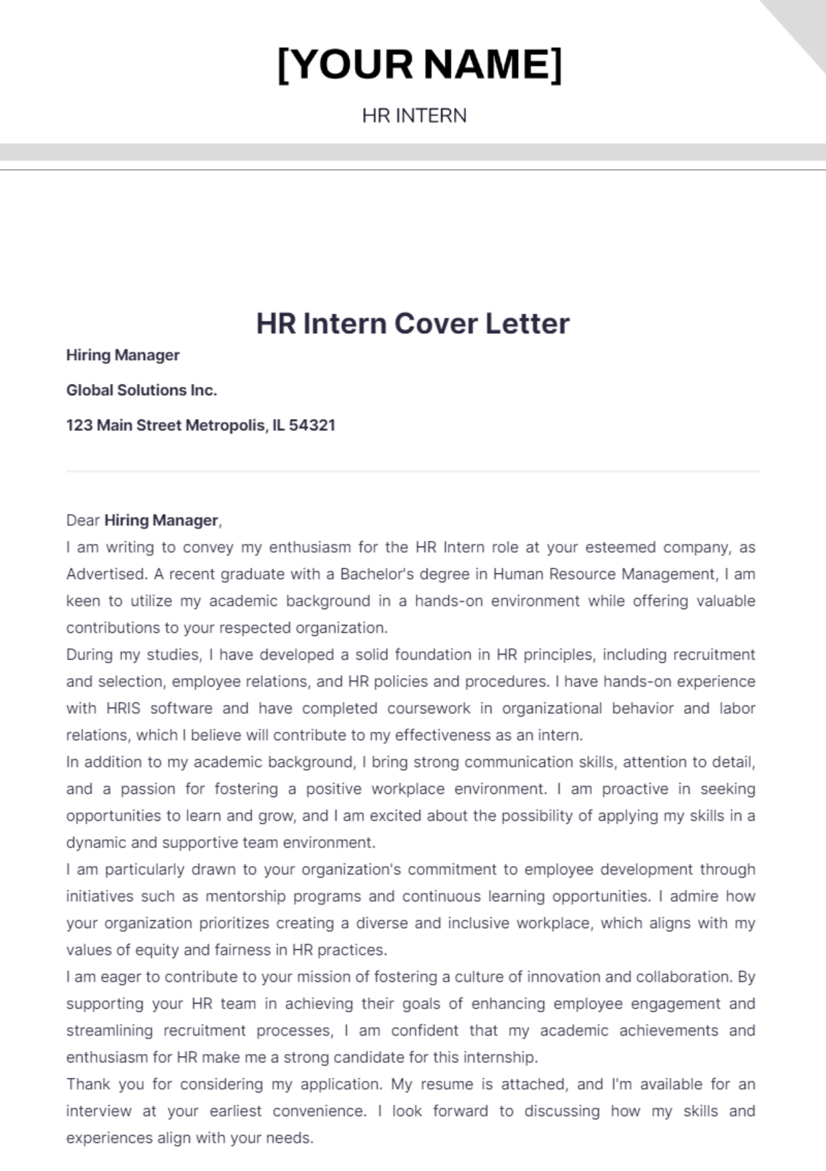 HR Intern Cover Letter - Edit Online & Download