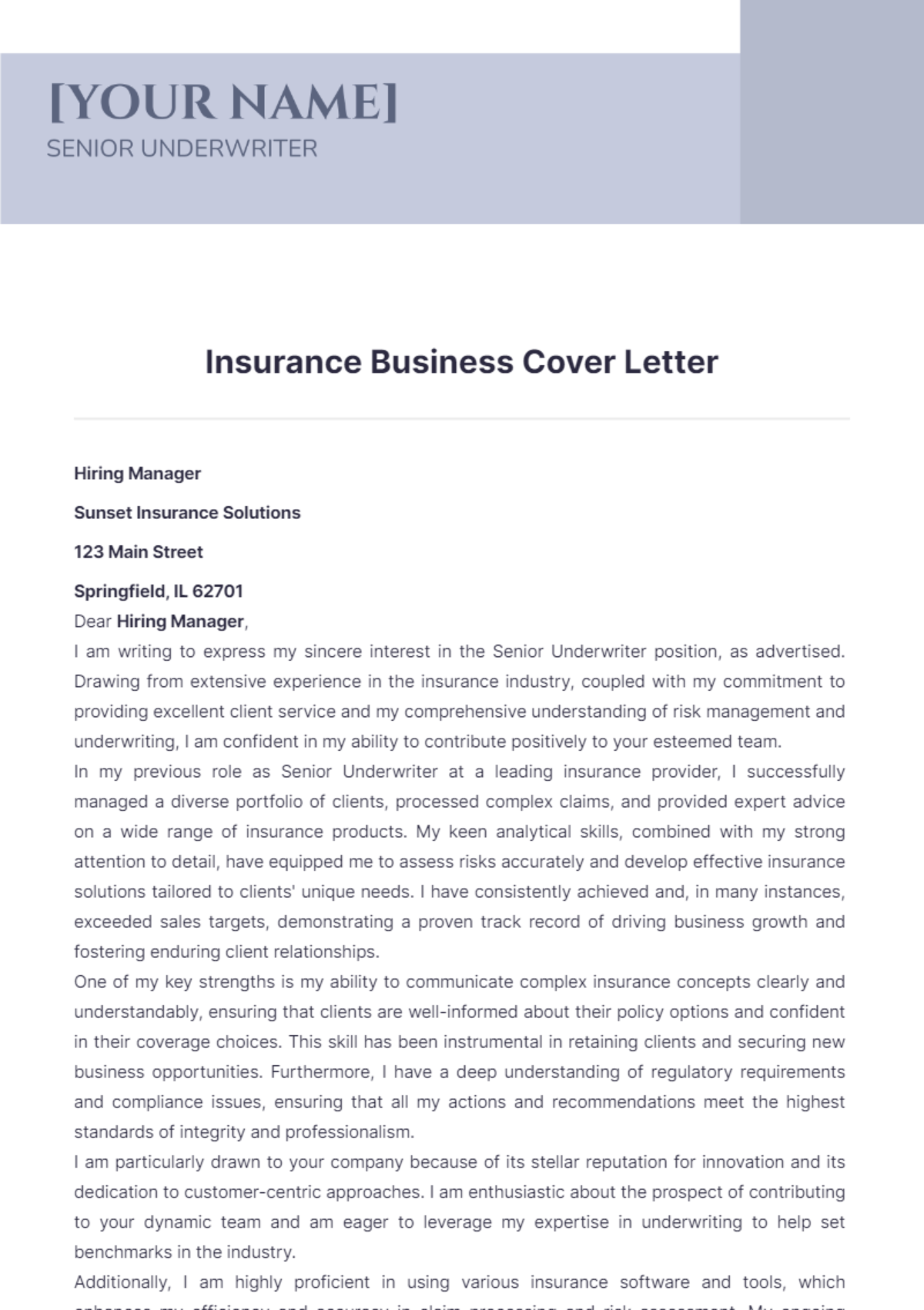 Insurance Business Cover Letter - Edit Online & Download