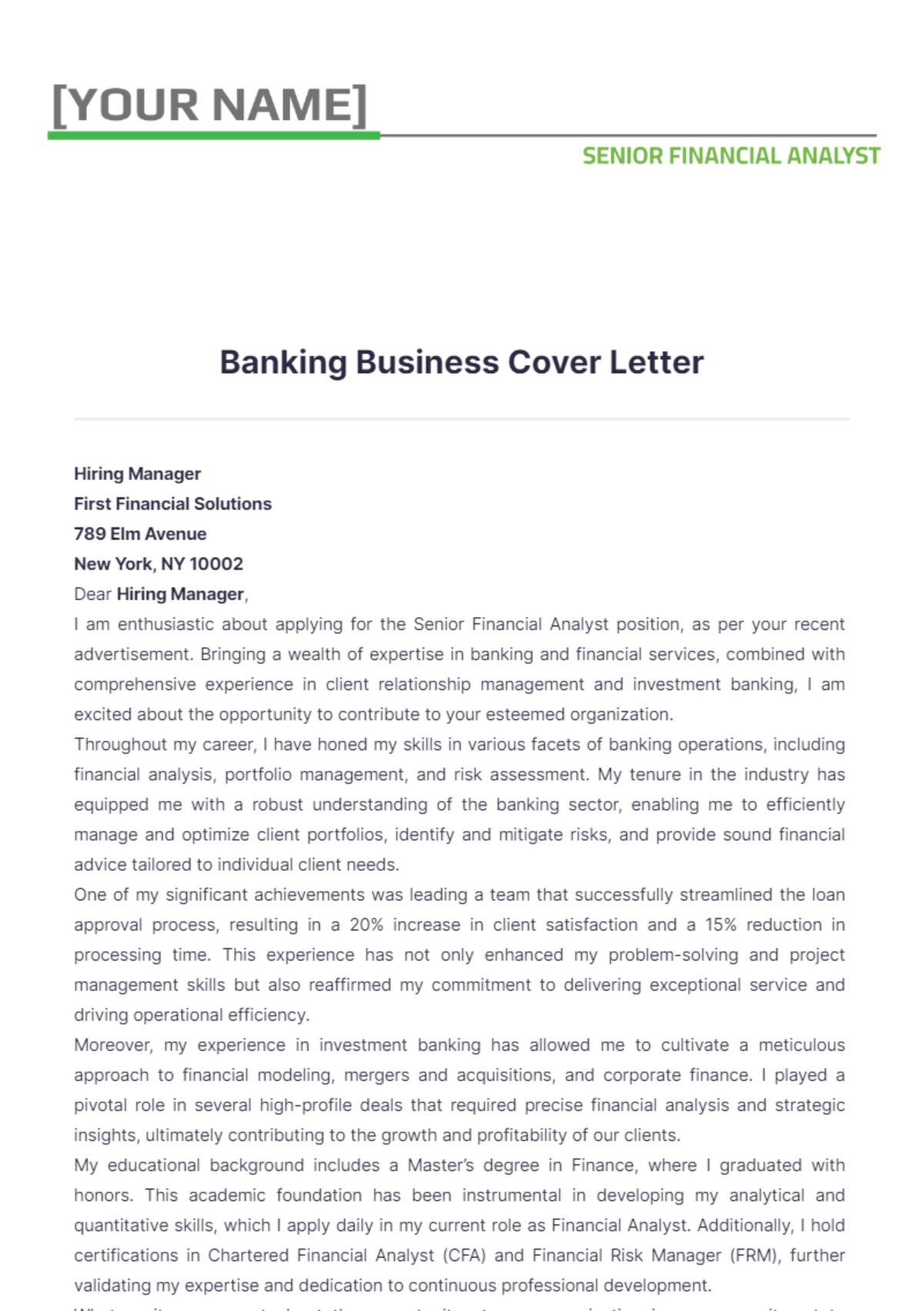 Banking Business Cover Letter - Edit Online & Download