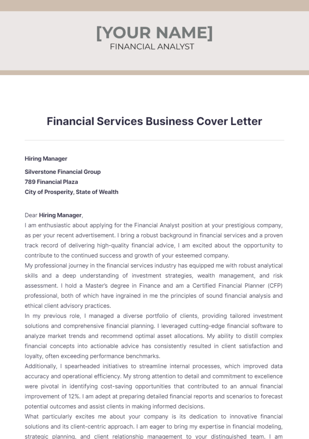 Financial Services Business Cover Letter - Edit Online & Download