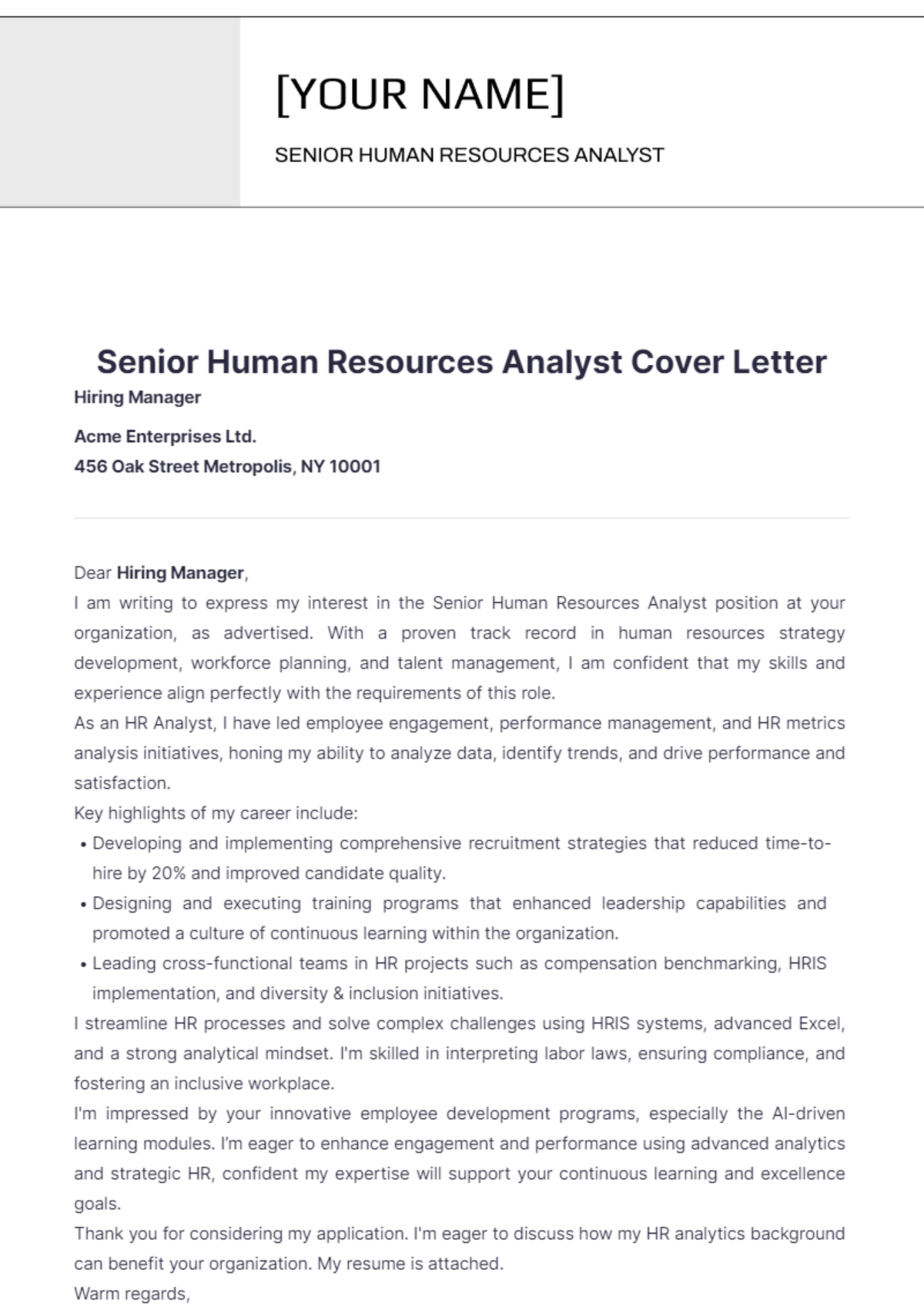 Senior Human Resources Analyst Cover Letter - Edit Online & Download