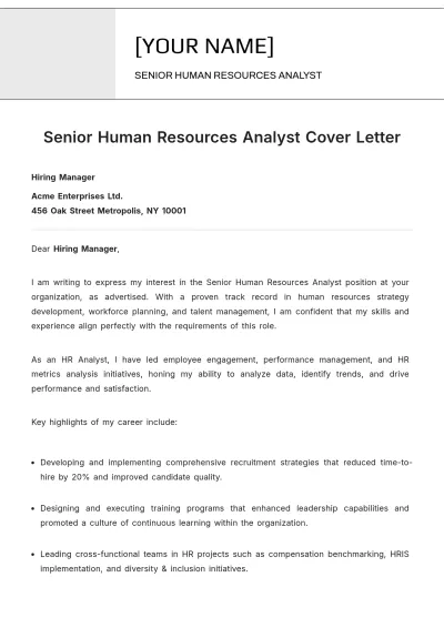 Free Senior Human Resources Analyst Cover Letter to Edit Online