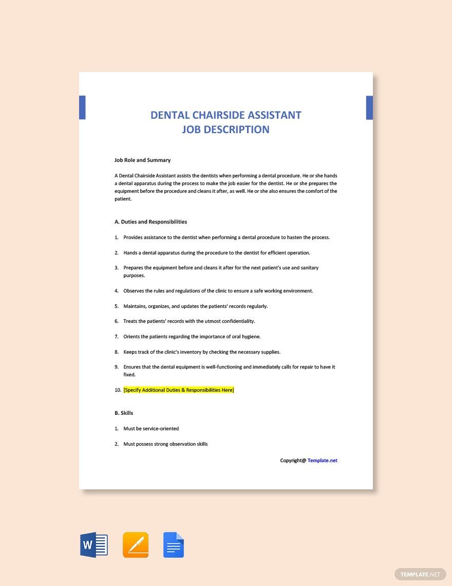 Dental Chairside Assistant Job Ad and Description Template