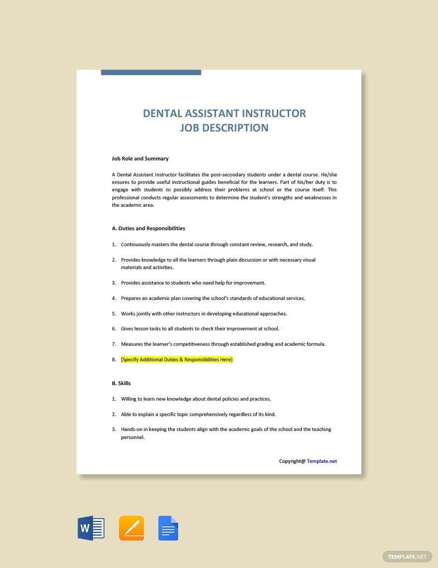 Dental Assistant Instructor Job Ad and Description Template