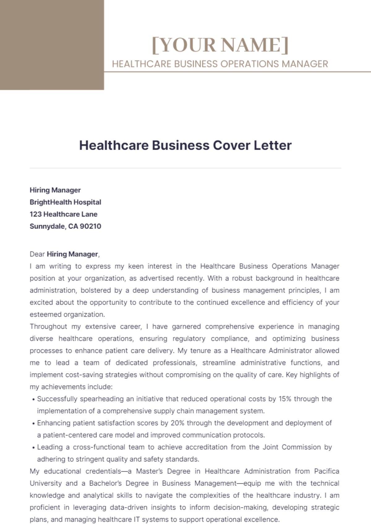 Healthcare Business Cover Letter - Edit Online & Download