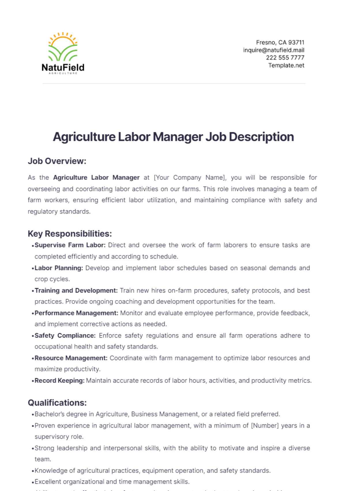 Agriculture Labor Manager Job Description Template - Edit Online & Download