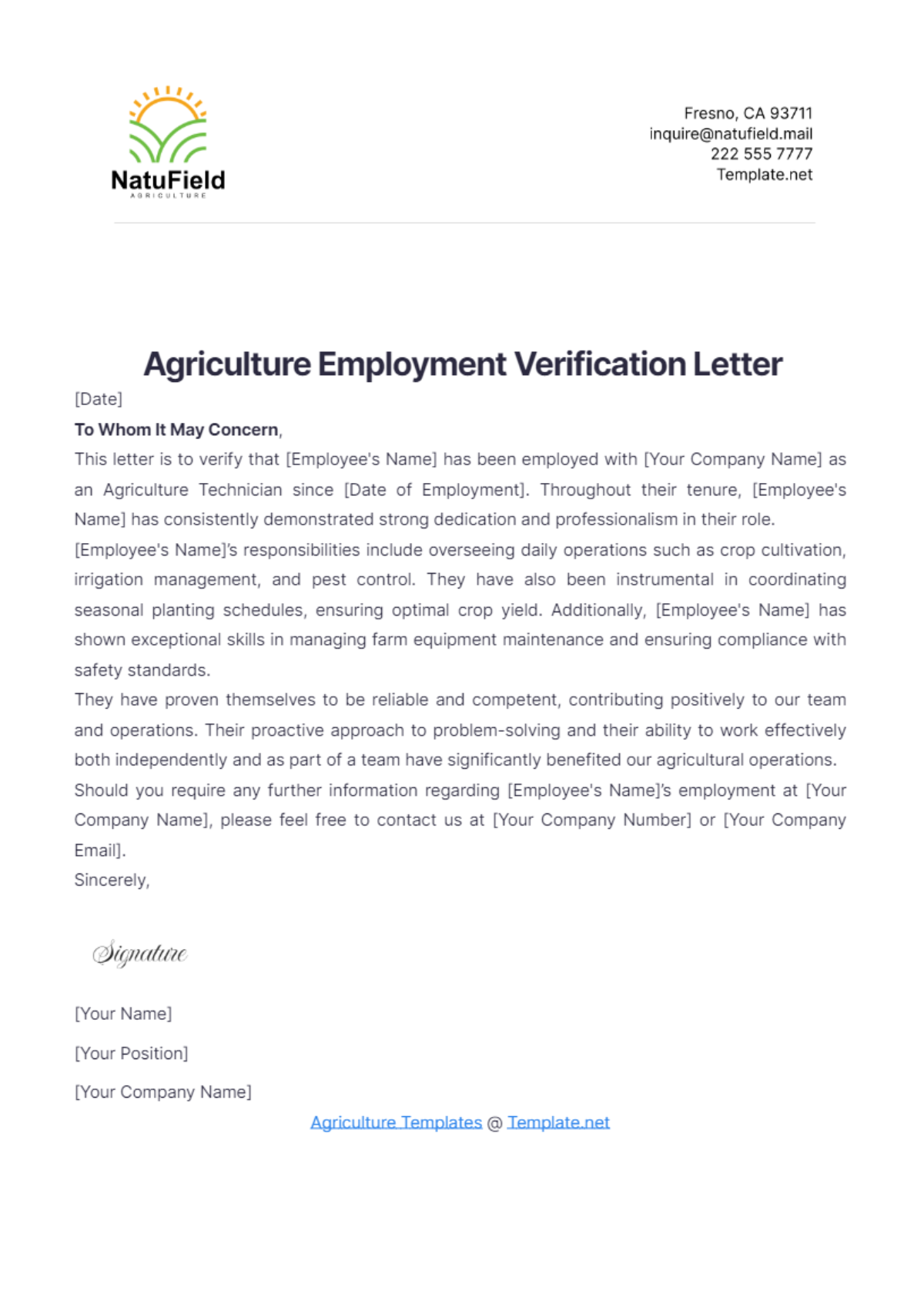 Agriculture Employment Verification Letter Template