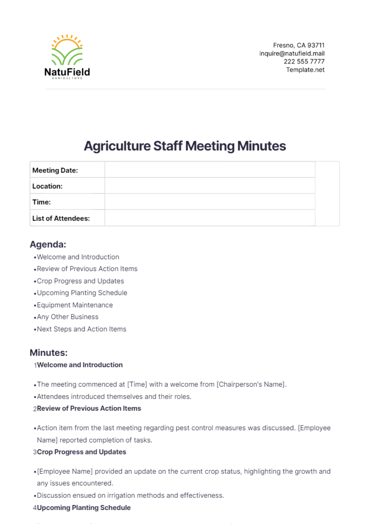 Agriculture Staff Meeting Minutes Template