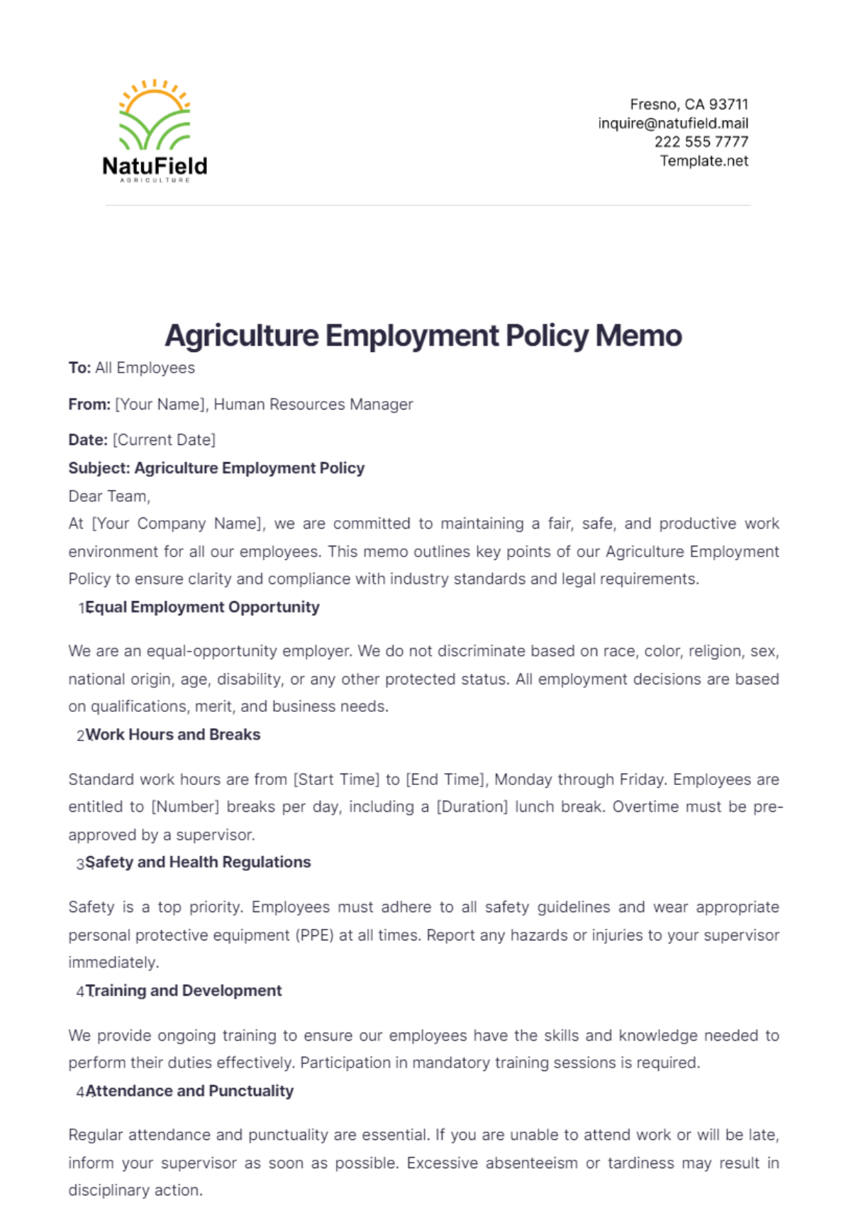 Agriculture Employment Policy Memo Template - Edit Online & Download