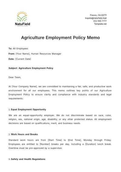 Free Agriculture Employment Policy Memo Template to Edit Online