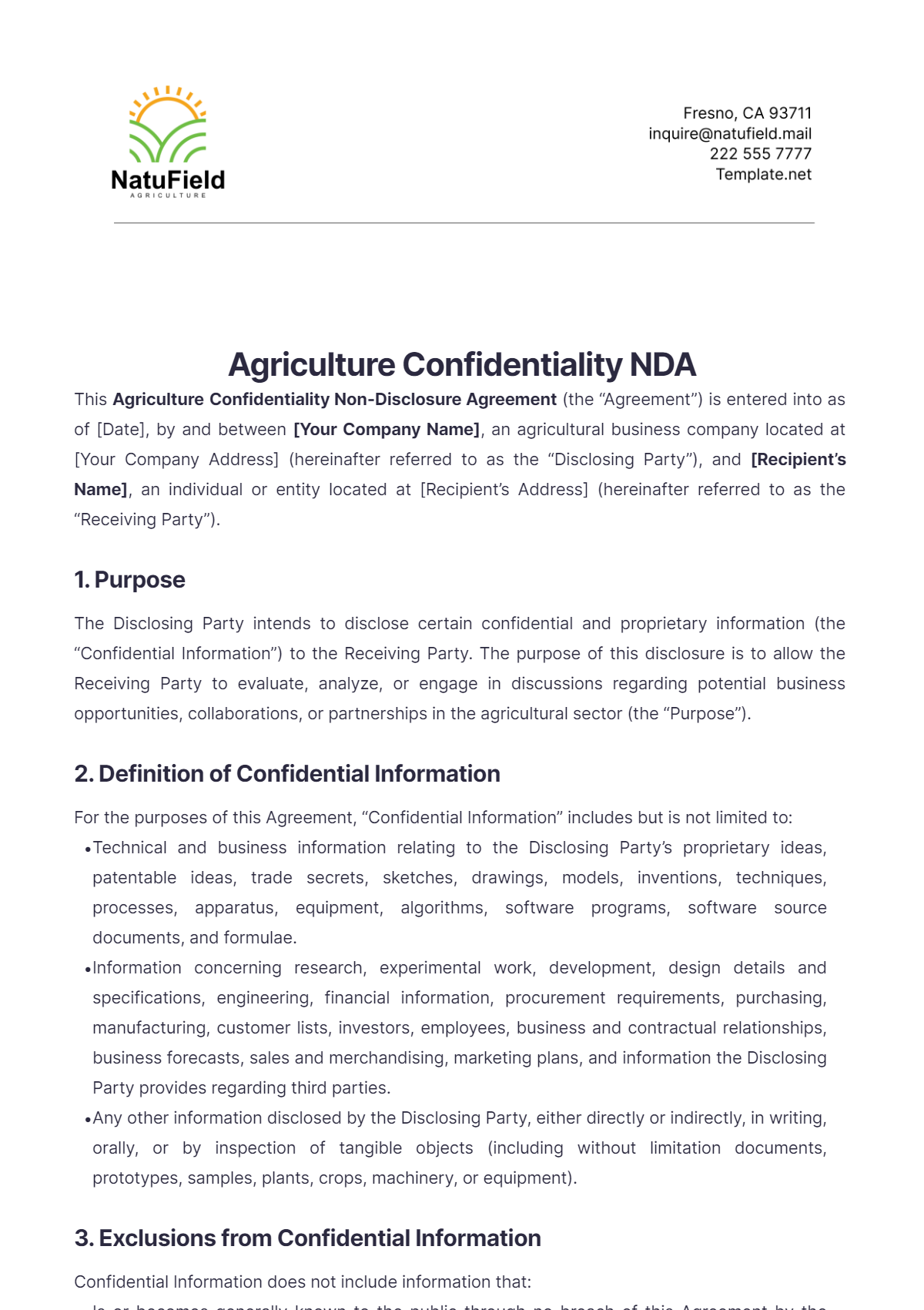 Agriculture Confidentiality NDA Template