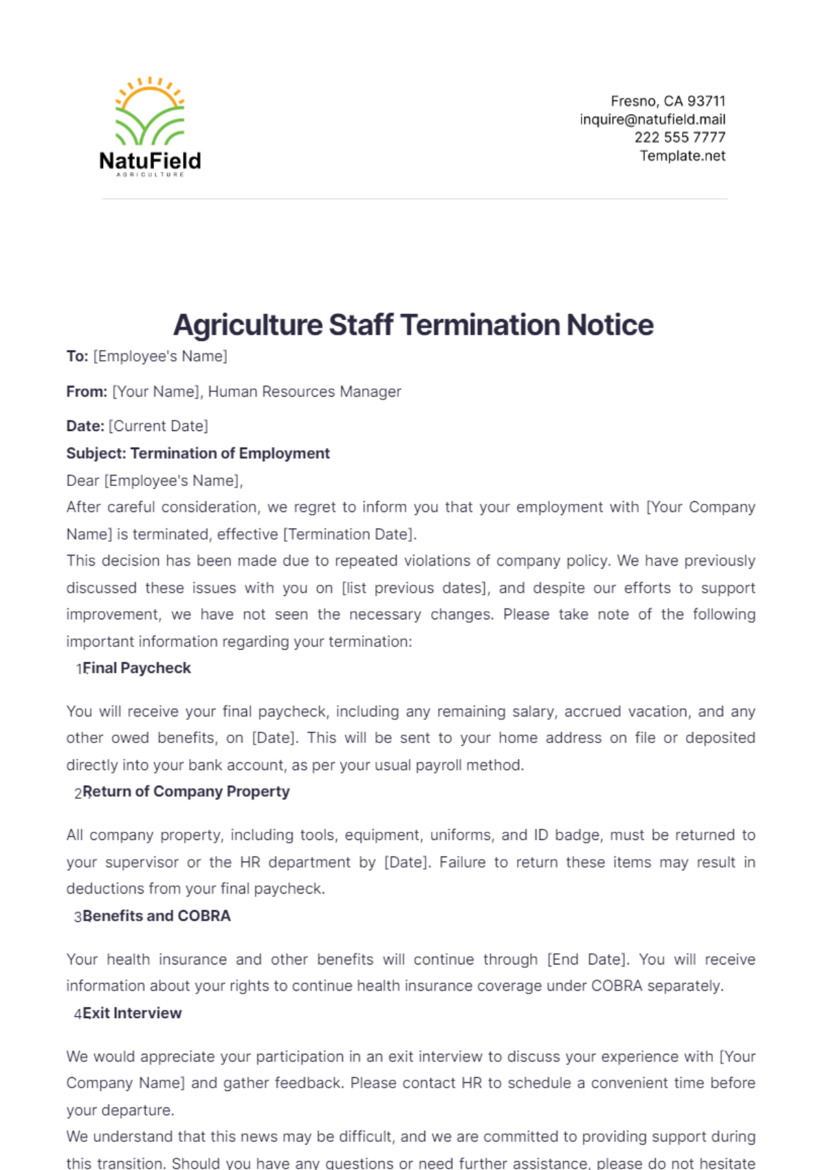 Agriculture Staff Termination Notice Template