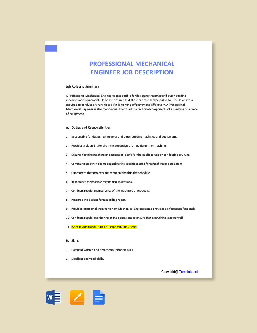Professional Mechanical Engineer Job Ad and Description Template