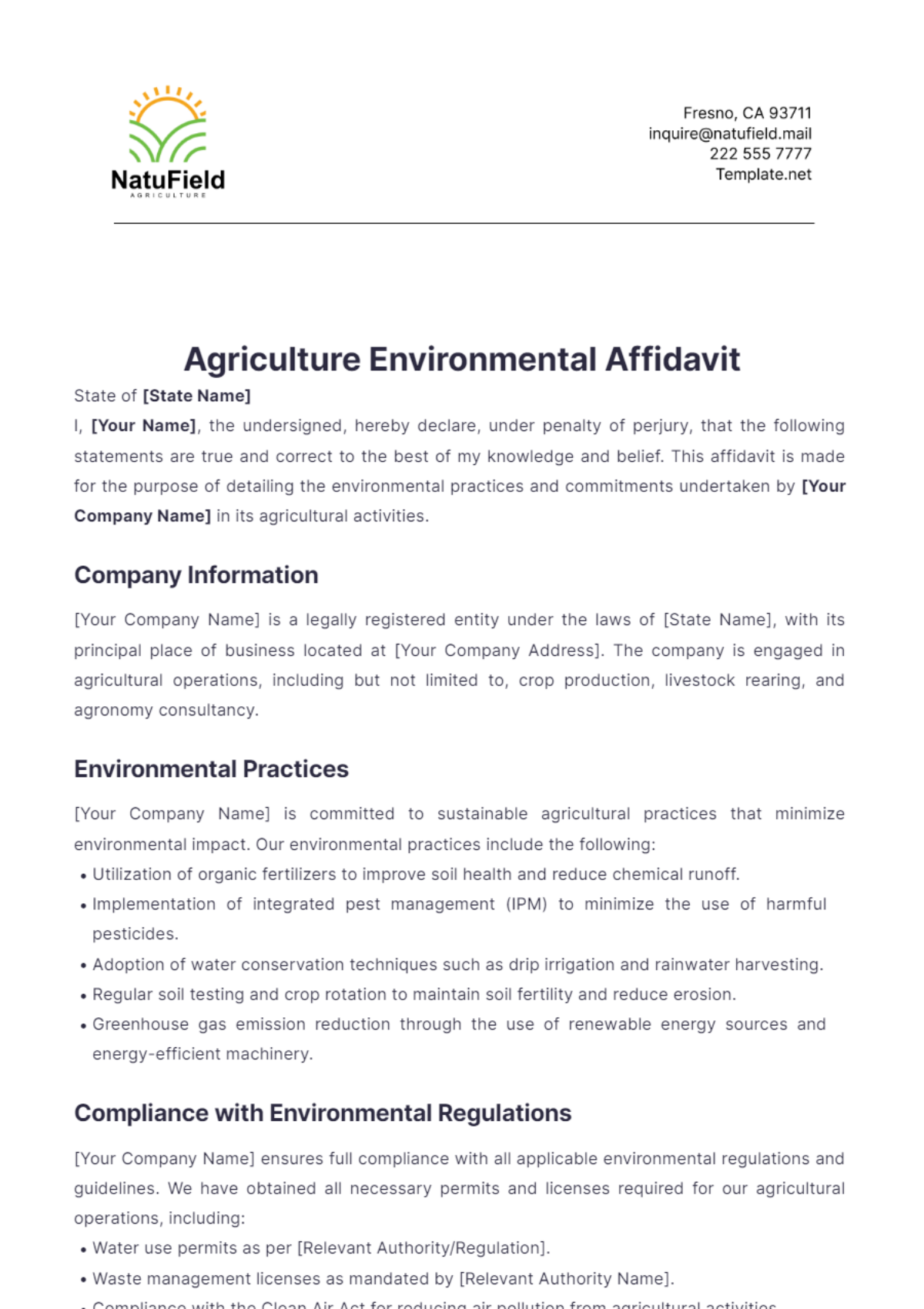 Agriculture Environmental Affidavit Template - Edit Online & Download