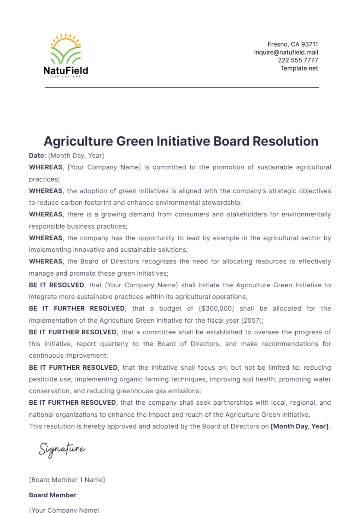 Agriculture Green Initiative Board Resolution Template