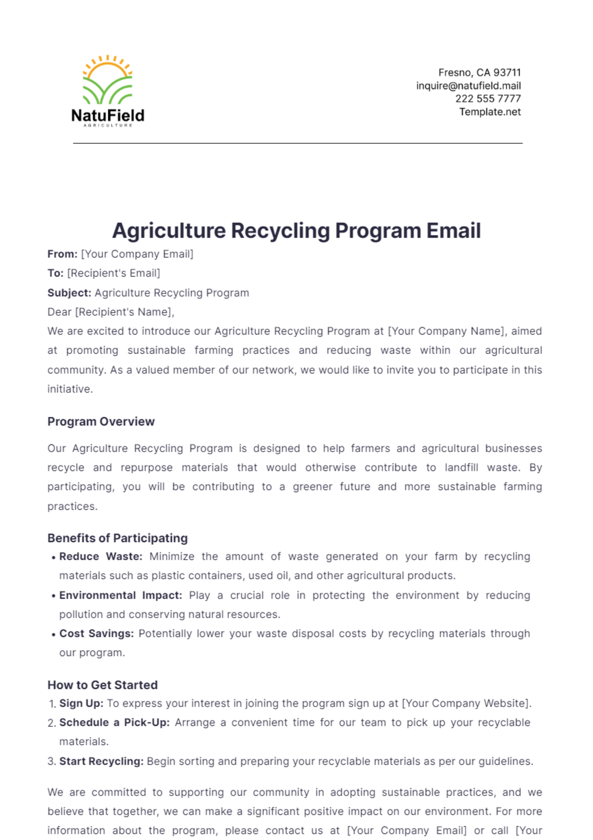 Agriculture Recycling Program Email Template