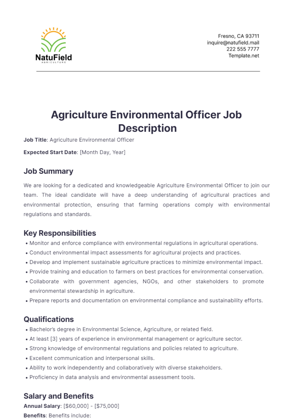 Agriculture Environmental Officer Job Description Template - Edit Online & Download