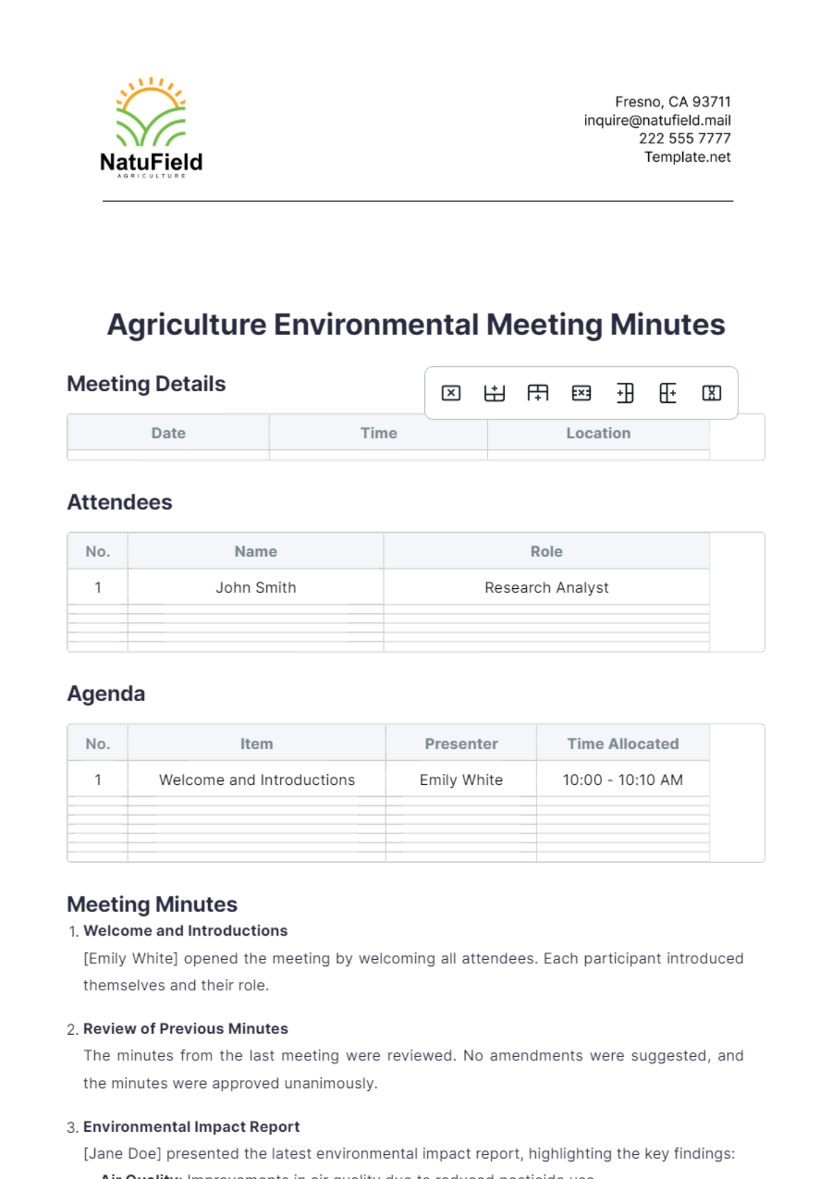 Agriculture Environmental Meeting Minutes Template