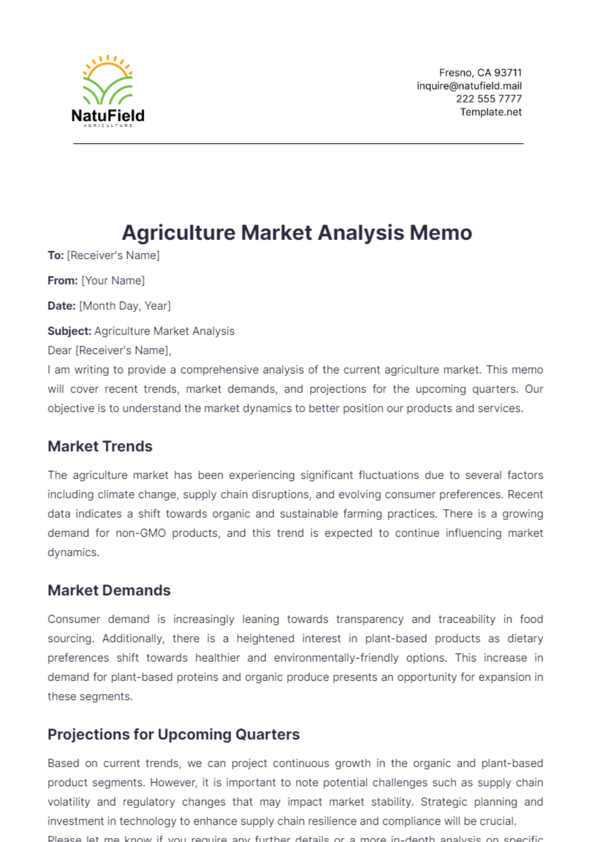 Agriculture Market Analysis Memo Template - Edit Online & Download