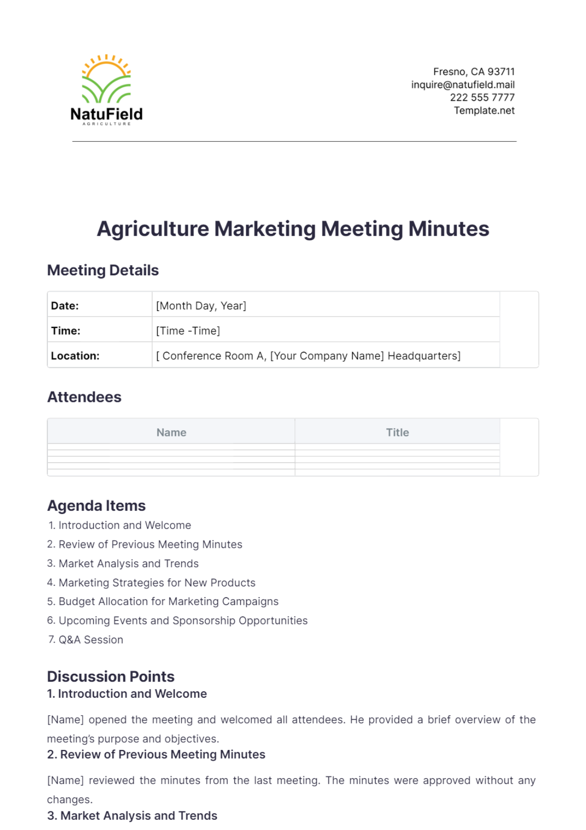 Agriculture Marketing Meeting Minutes Template