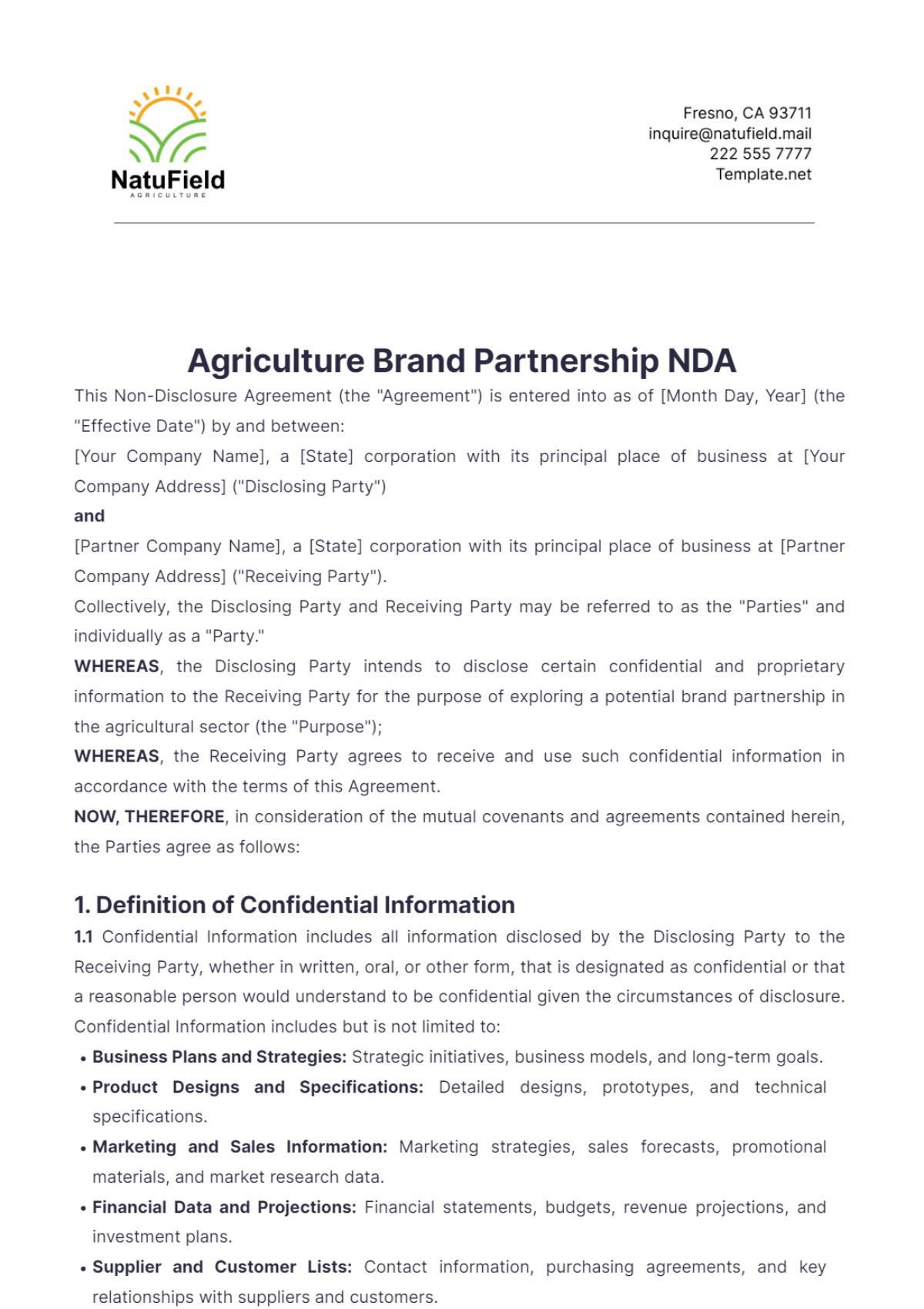 Agriculture Brand Partnership NDA Template