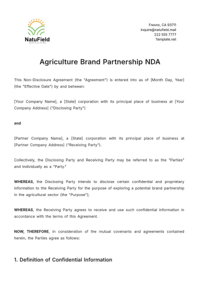 Free Agriculture Brand Partnership NDA Template to Edit Online