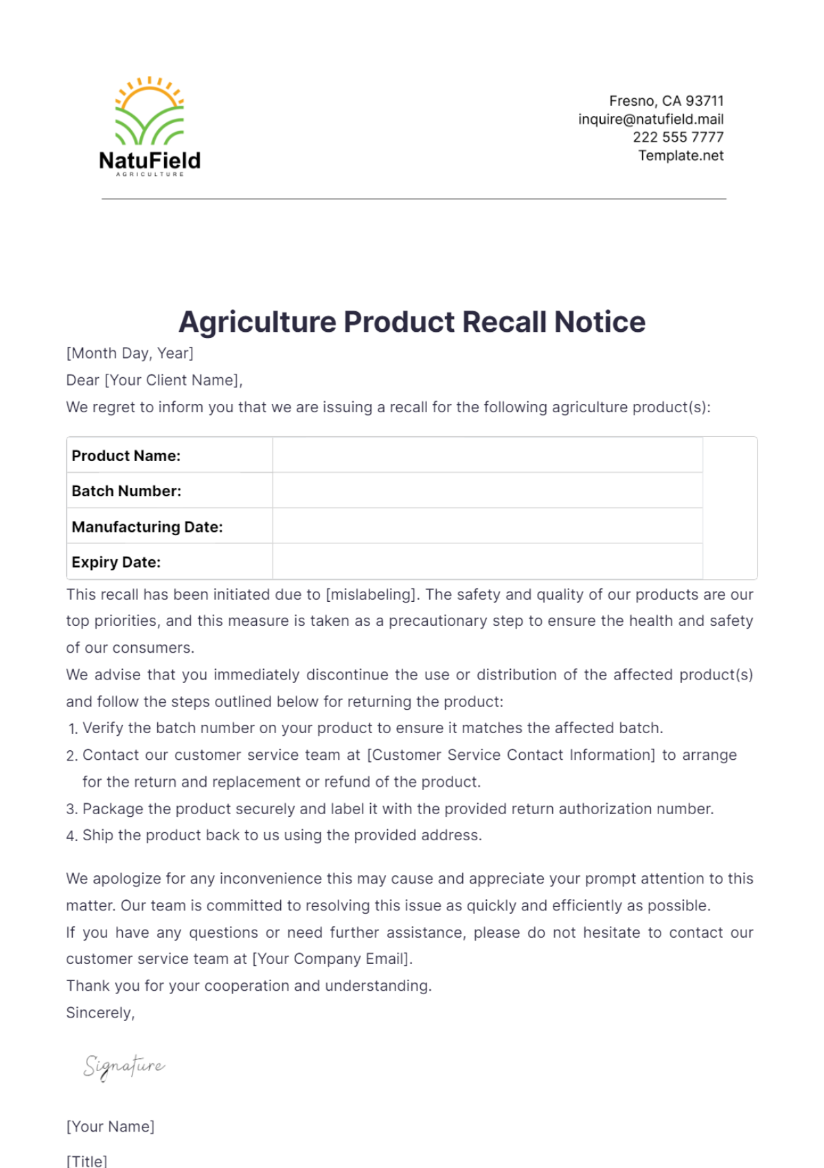 Agriculture Product Recall Notice Template