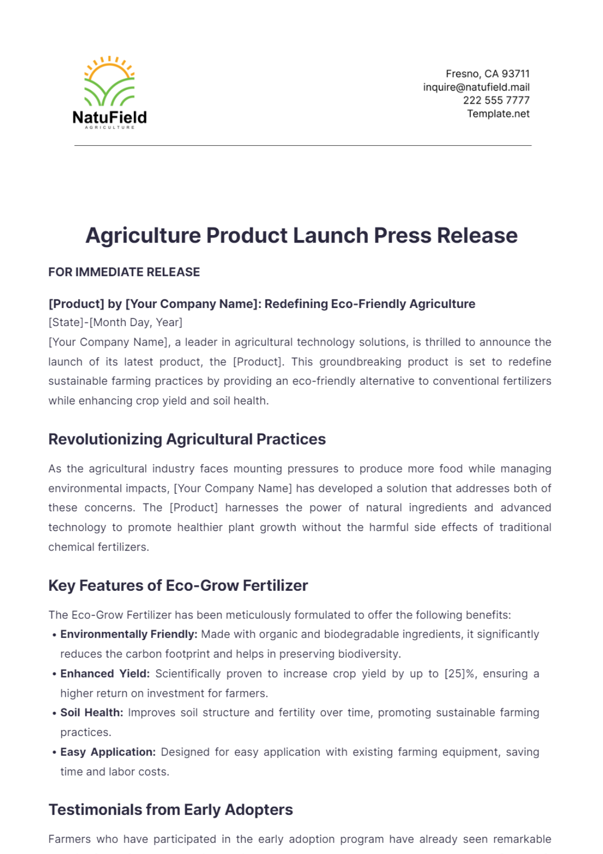 Agriculture Product Launch Press Release Template - Edit Online & Download