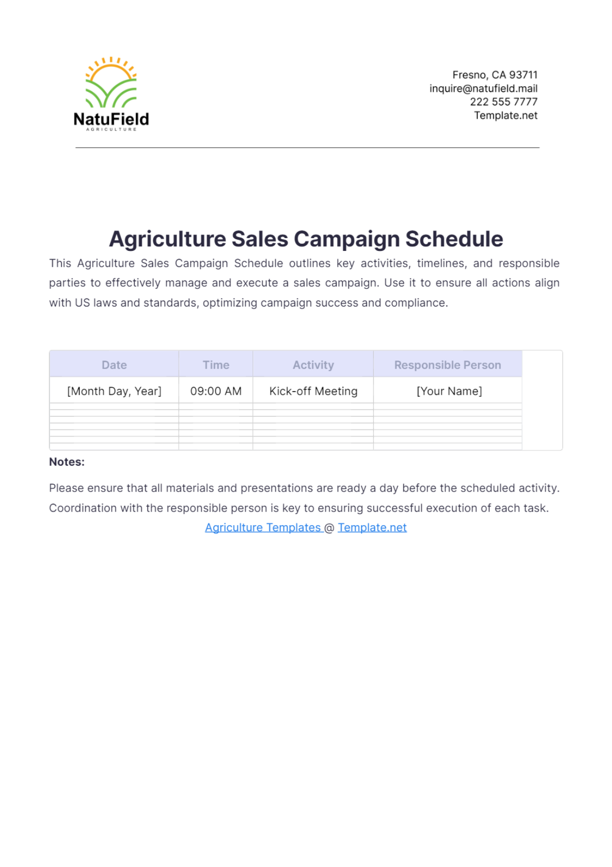 Agriculture Sales Campaign Schedule Template - Edit Online & Download