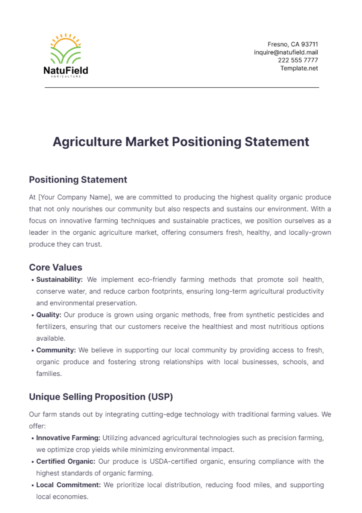 Agriculture Market Positioning Statement Template