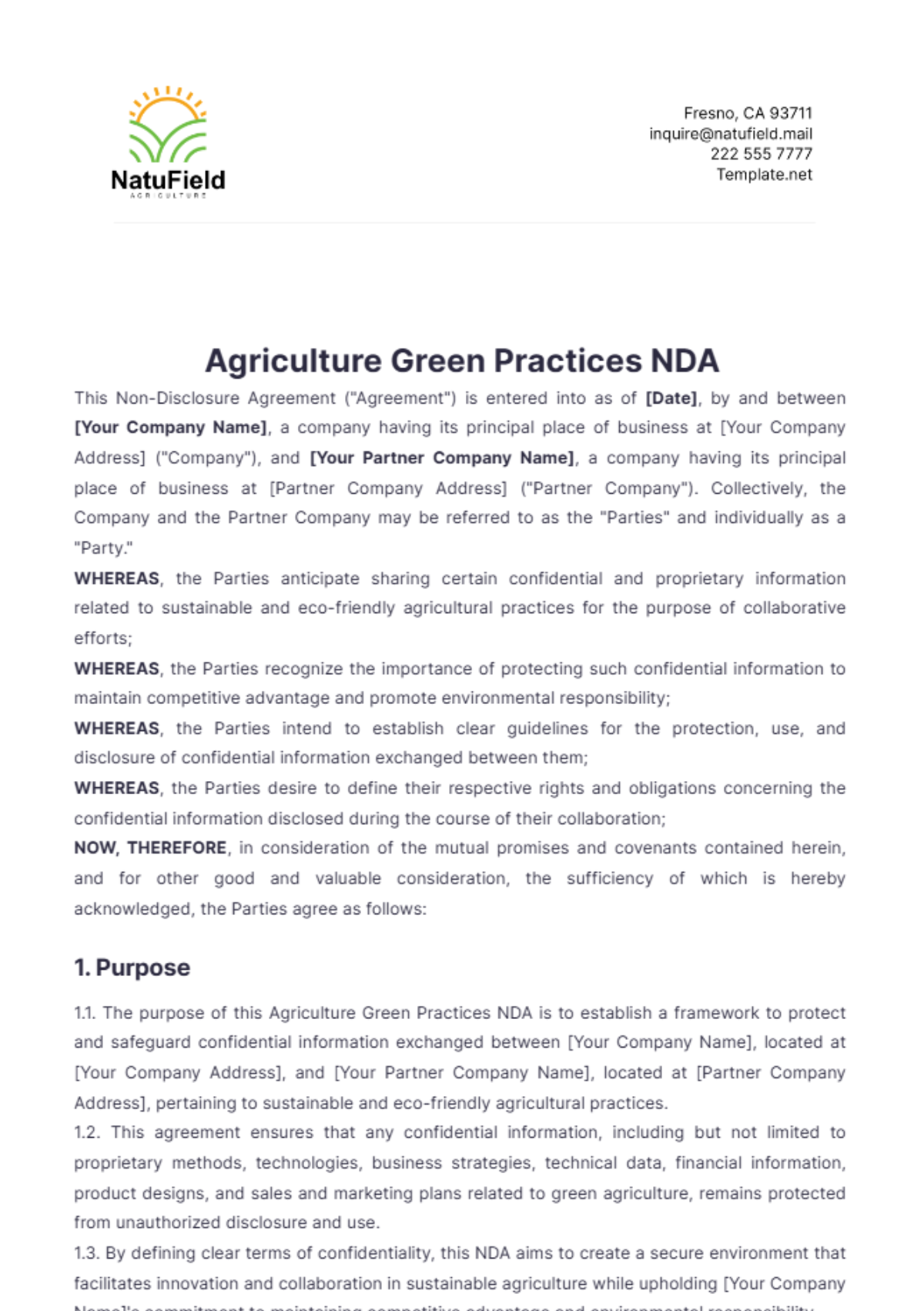 Agriculture Green Practices NDA Template