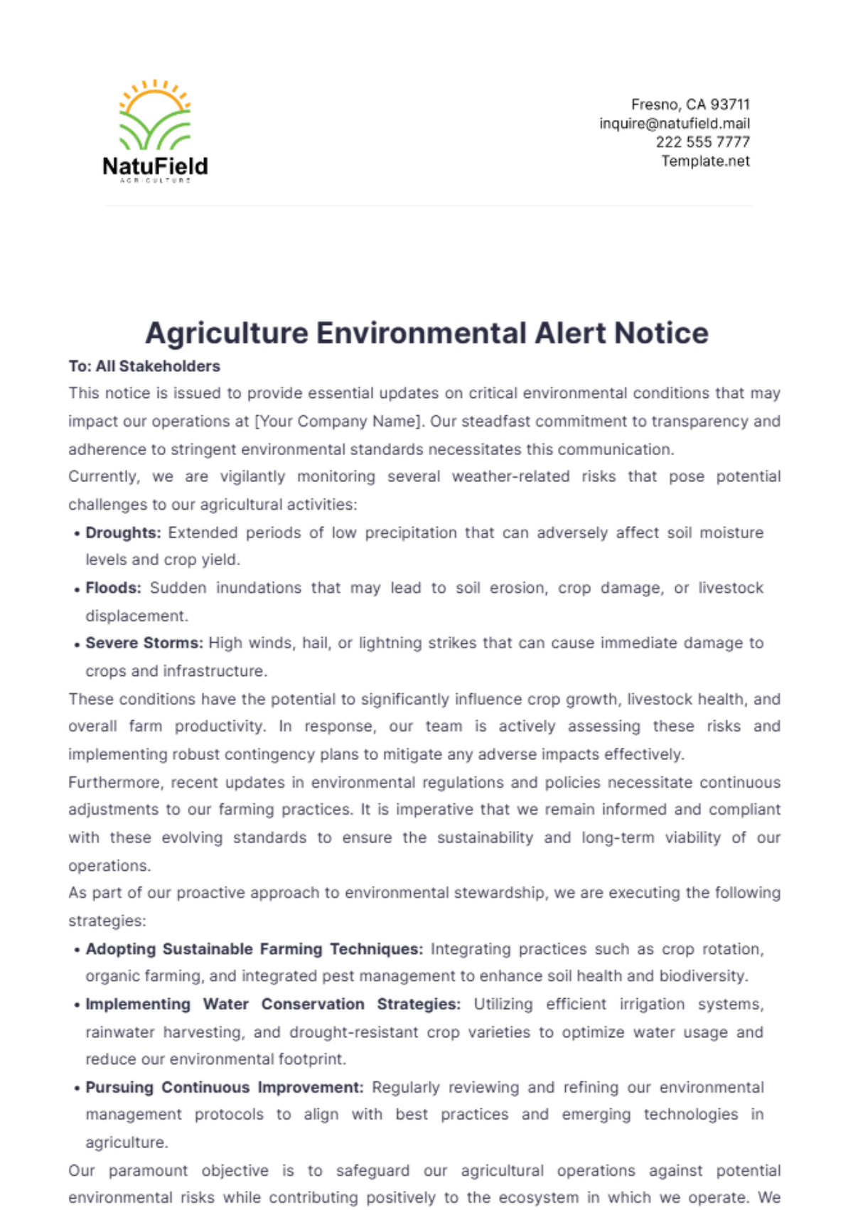 Agriculture Environmental Alert Notice Template