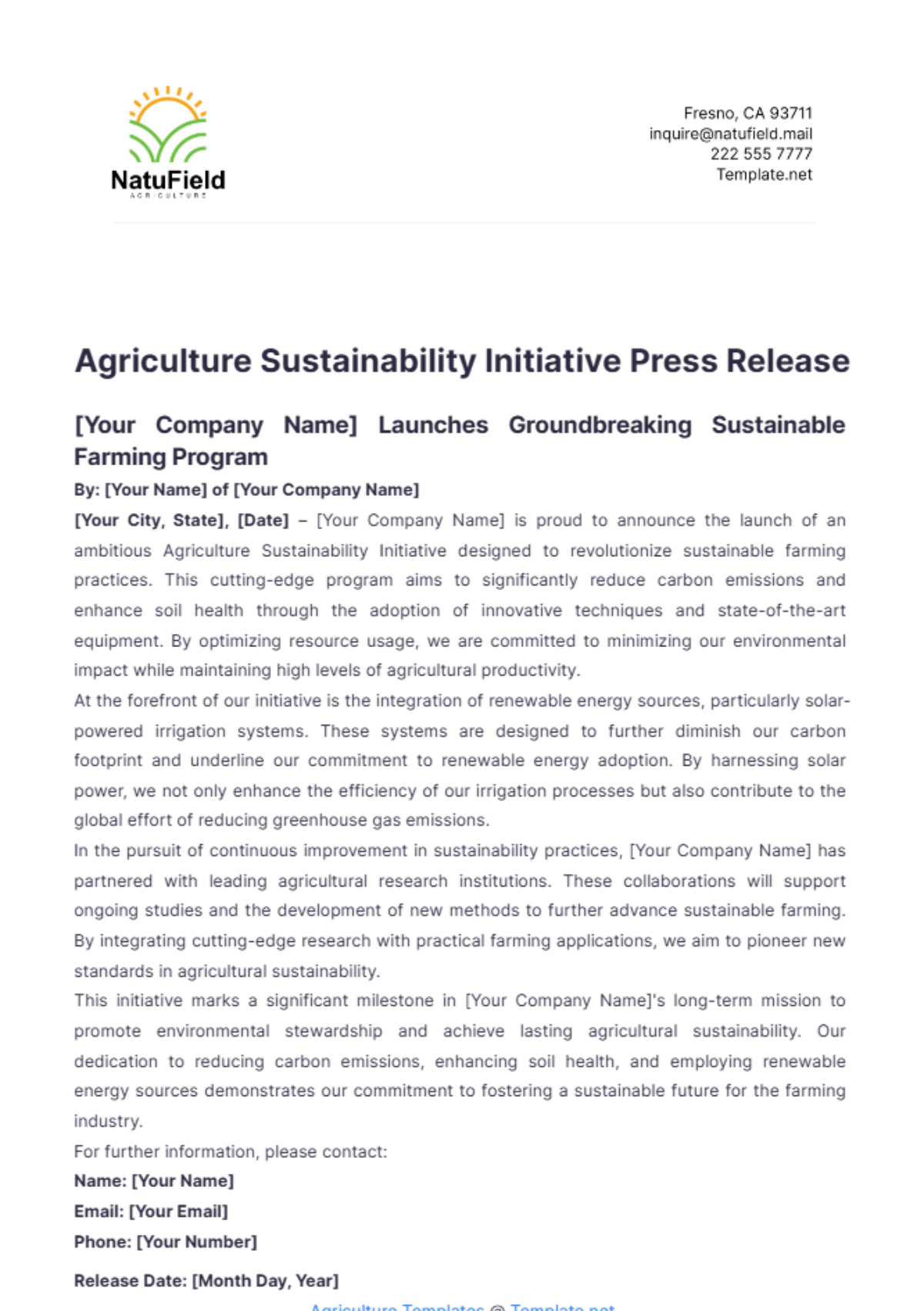 Agriculture Sustainability Initiative Press Release Template - Edit Online & Download