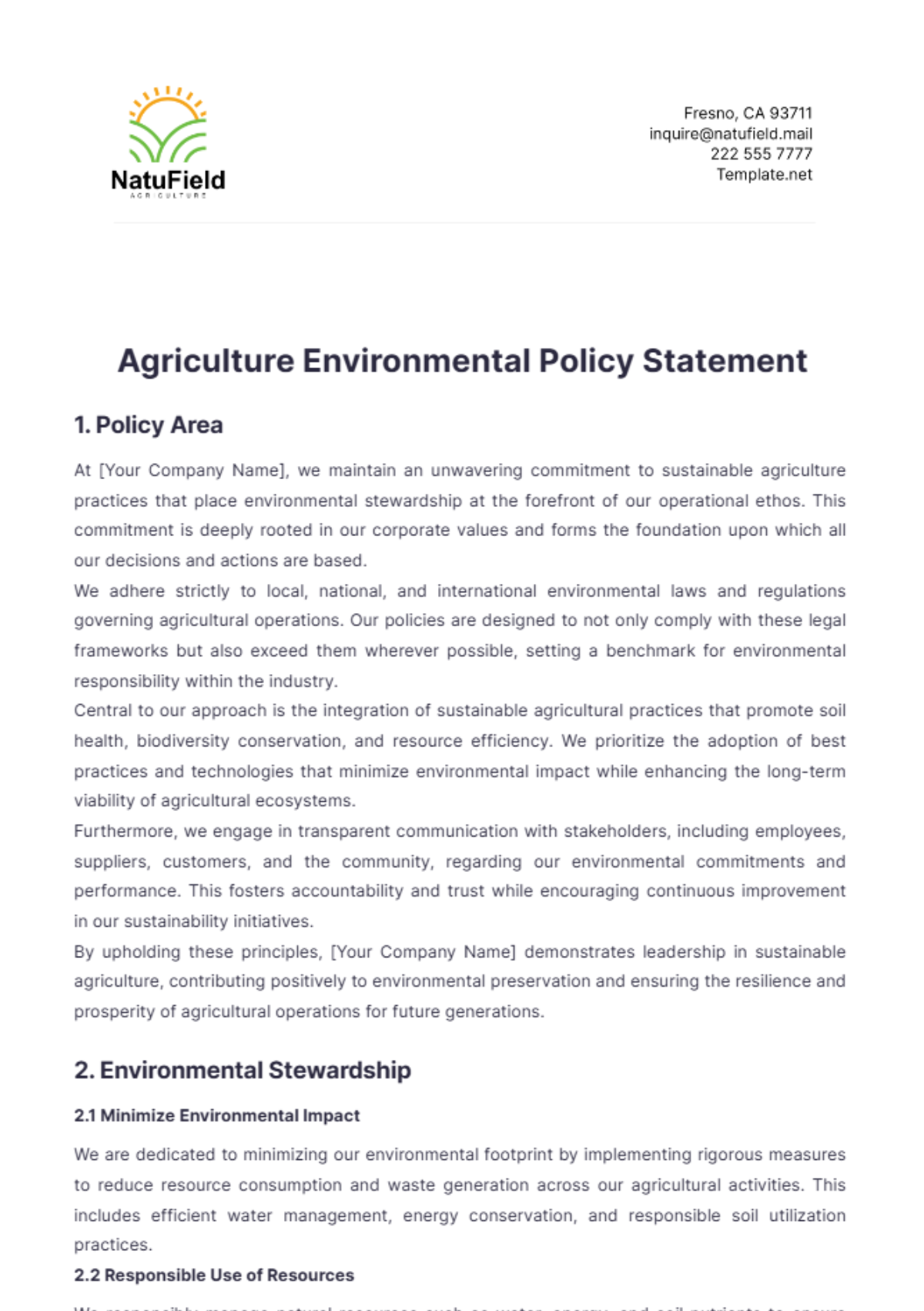 Agriculture Environmental Policy Statement Template