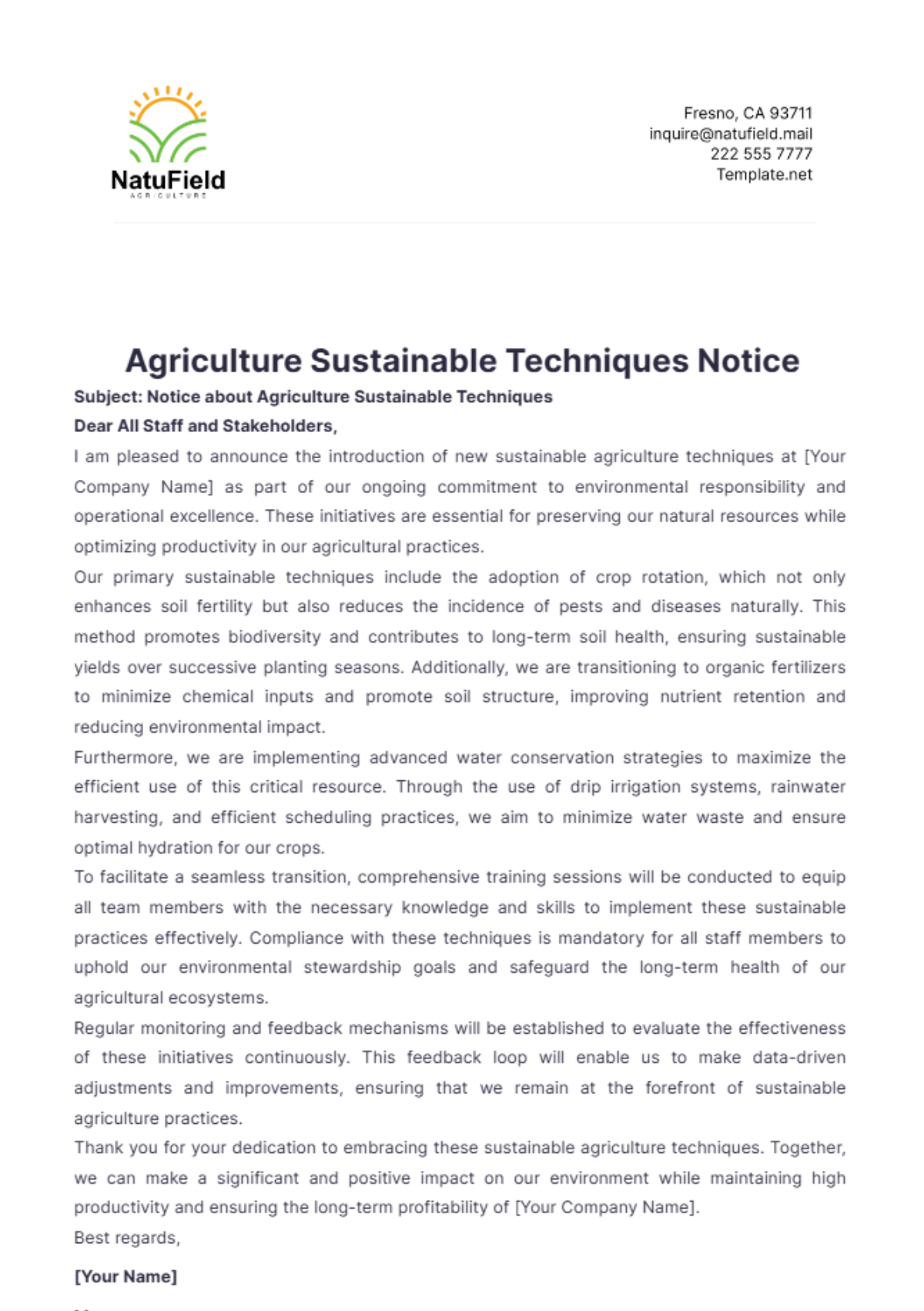 Agriculture Sustainable Techniques Notice Template