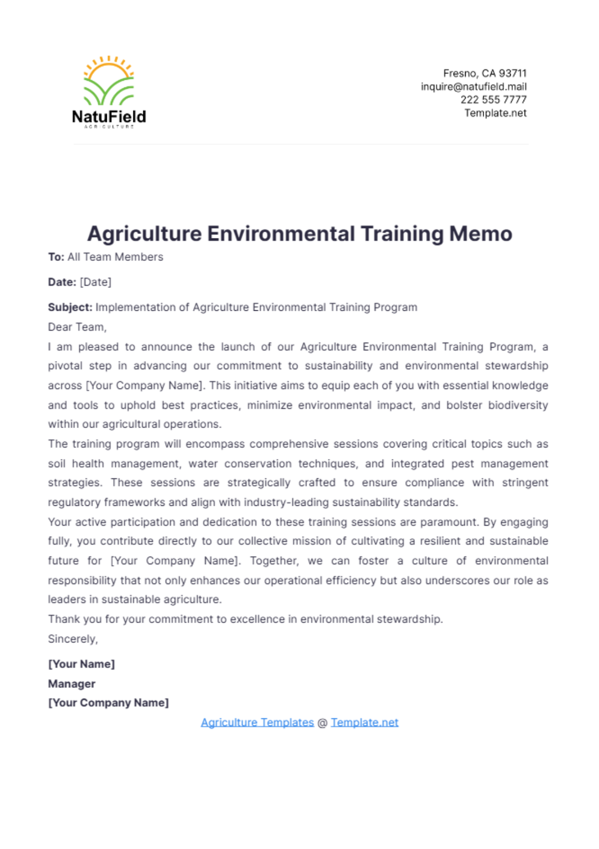 Agriculture Environmental Training Memo Template - Edit Online & Download