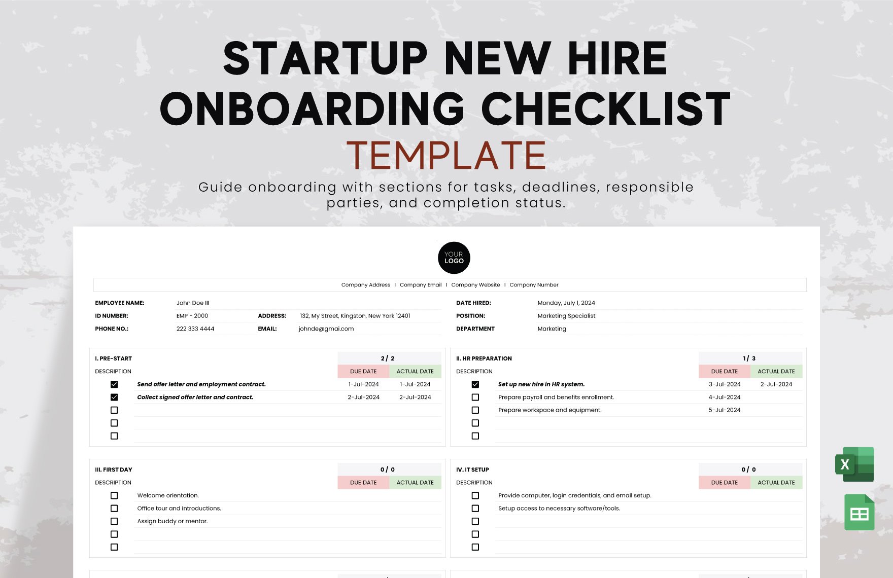 Startup New Hire Onboarding Checklist Template in Excel, Google Sheets